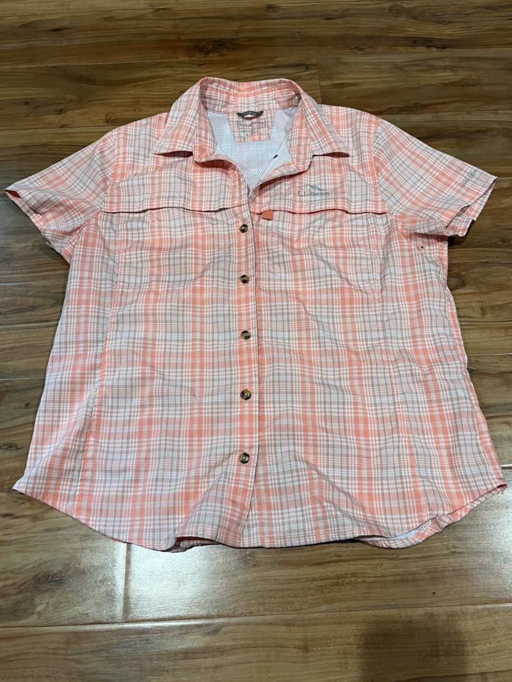 L.L. Bean Coral and White Plaid Short-Sleeve Button Shirt